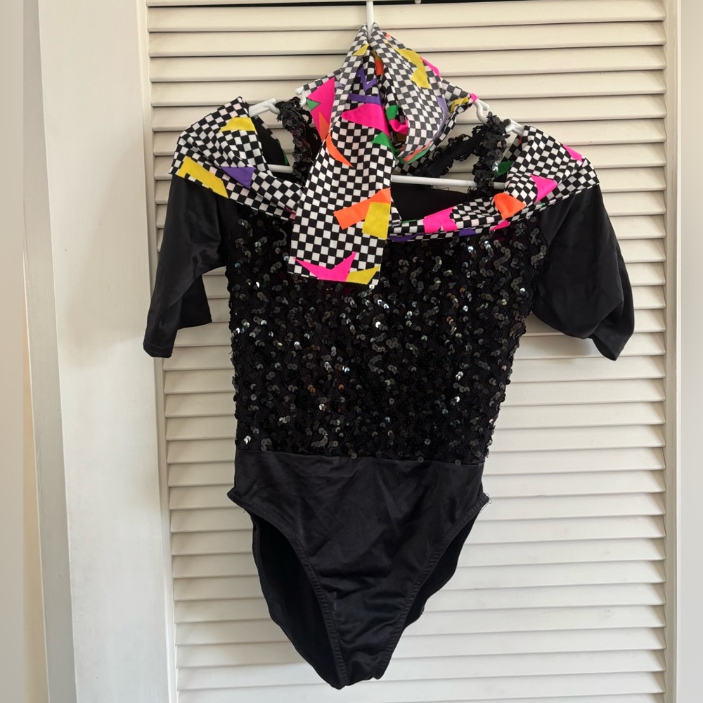 Eighties jazzercise dance costume leotard with matching belt and headband